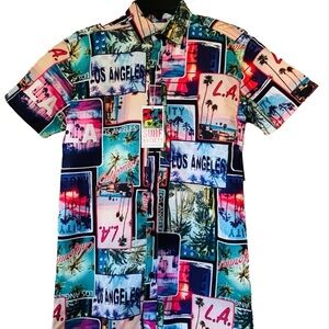 SURF SOCIETY NWT Unique LOS ANGELES Postcard LA MENS Casual Resort SHIRT Small